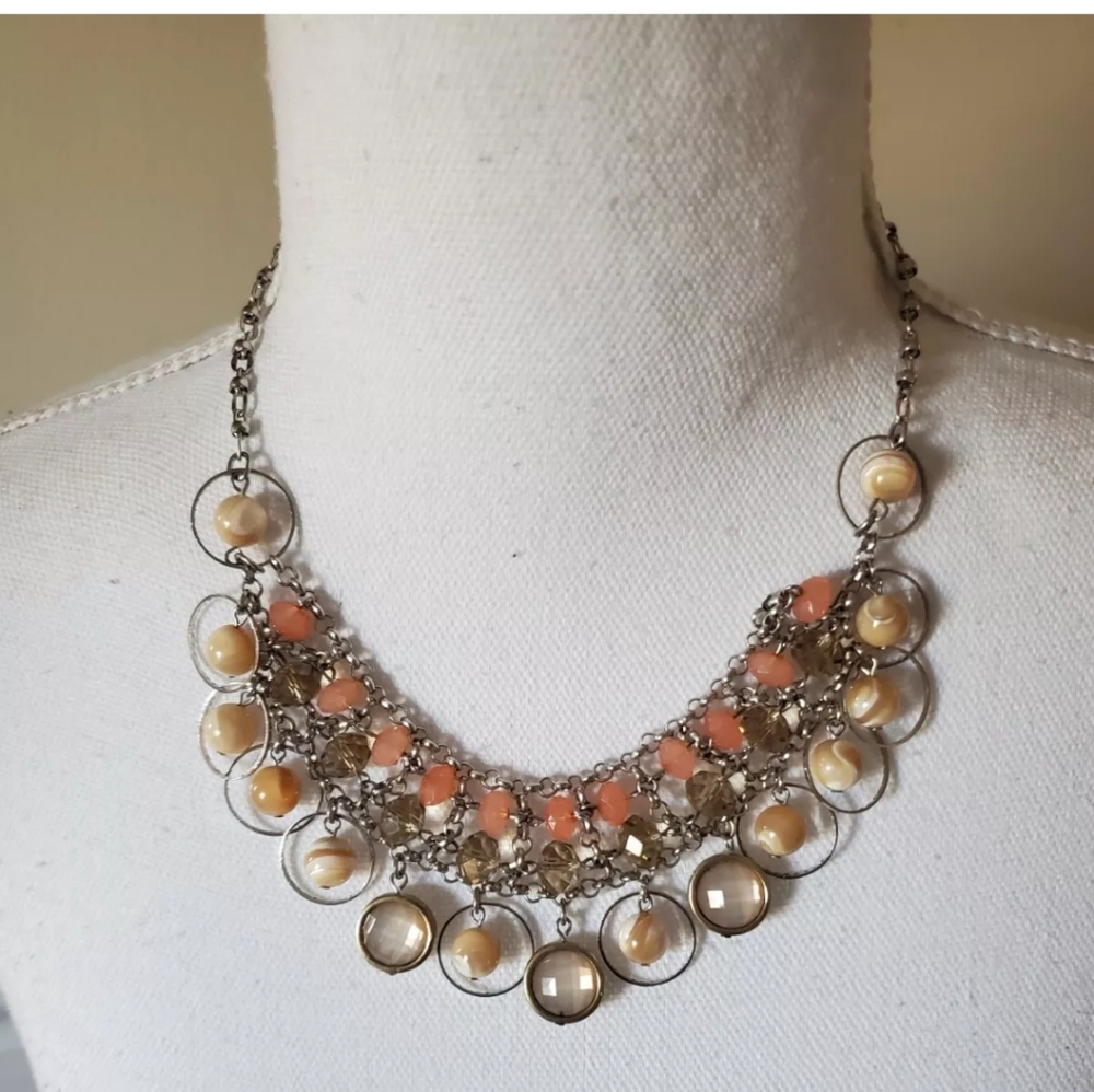 New York & Company Necklace Tri-Circle Beaded Multi-Color Pink Coral Silver NY&C
